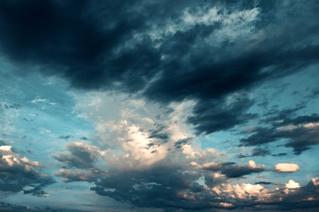 White volumetric magic clouds on the background of blue fantasy skyの写真素材