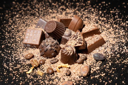 Pile of assorted chocolate candies and cocoa powder on black background