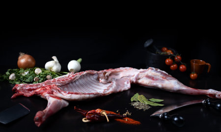Raw rabbit carcass with ingredients for cooking on a black background.の写真素材
