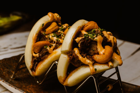 Beef Hamburger with cheese and caramelized onions on a plateの写真素材