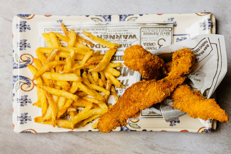 Fried chicken nuggets and french fries in a paper box.の写真素材