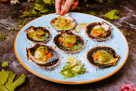 Baked scallops with butter and herbs on a blue plateの写真素材