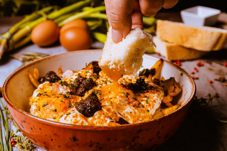 Curry chicken with egg and mushrooms in a ceramic bowl on a wooden backgroundの写真素材