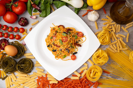 Spaghetti pasta with tomatoes, olives and basil on wooden backgroundの写真素材