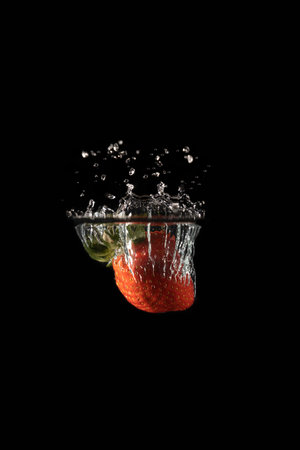 Strawberry falling into water with splash isolated on black background.の写真素材