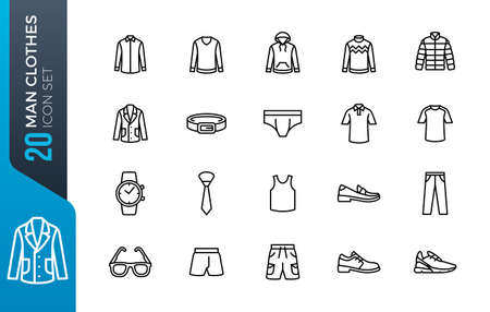 Man clothes icon set. Included the icons as shorts, workwear, fashion, jean, shirt, pants, accessories and more.のイラスト素材