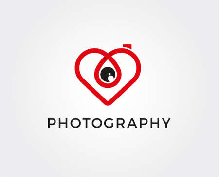 Abstract colorful photo camera with heart lens. Vector logo icon template. Design concept for wedding photographer. Love story photo symbol.のイラスト素材