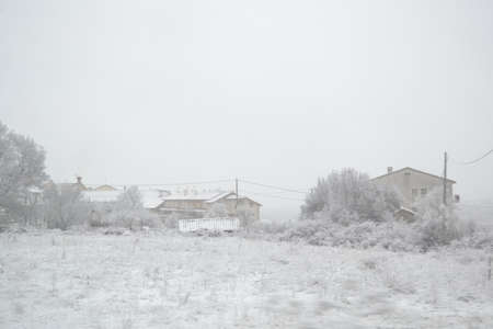Snow-filled landscape in Puerto de Canencia, in the Sierra de Madrid, in Spainの写真素材