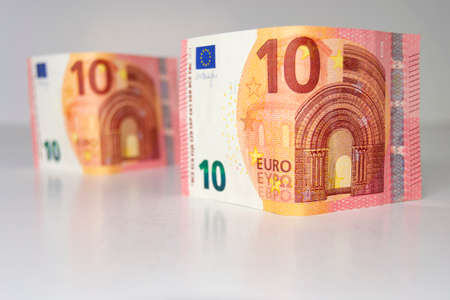 New ten euro banknotes from Europe. White background. Horizontal photography.の写真素材