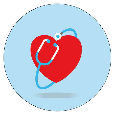 Stethoscope surrounding the red heart. Blue round background. Iconのイラスト素材