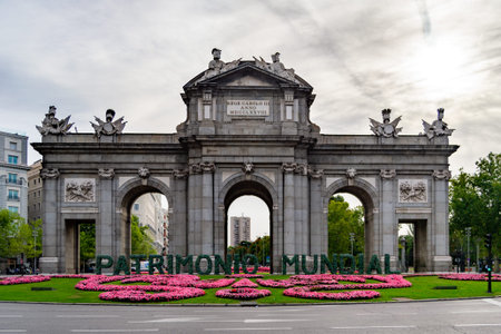 MADRID, SPAIN - SEPTEMBER 7, 2021. Puerta de AlcalÃ¡, located in the center of the roundabout of...