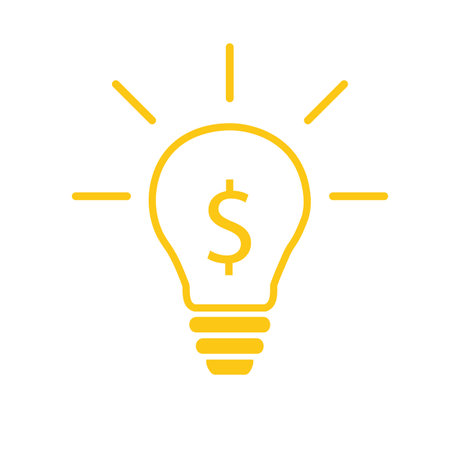 Illustration of a yellow lightbulb with the dollar sign inside it representing the rising cost of electricity. Vector illustration. Light bulb with rays. Symbol of energy and ideas.のイラスト素材
