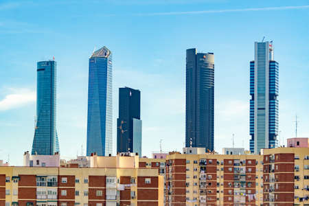 Skyscrapers of the city of Madrid (the 5 towers) of the financial complex of the capital, in Spain. Europe. Horizontal photography.のeditorial素材