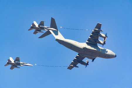 MADRID, SPAIN - OCTOBER 12, 2021. The aircraft of the Spanish Air Force participate in the air...