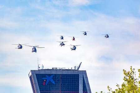 MADRID, SPAIN - OCTOBER 12, 2021. The aircraft of the Spanish Air Force participate in the air parade for the National Day of October 12. In Europe. Helicopters, seaplanes, fighters, airplanes.のeditorial素材