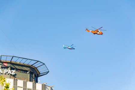 MADRID, SPAIN - OCTOBER 12, 2021. The aircraft of the Spanish Air Force participate in the air parade for the National Day of October 12. In Europe. Helicopters, seaplanes, fighters, airplanes.のeditorial素材