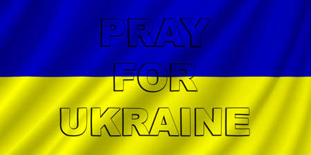 Ukrainian. Illustration of the flag of Ukraine with ripples. Written text, Pray for Ukraine. Landscape design.の写真素材