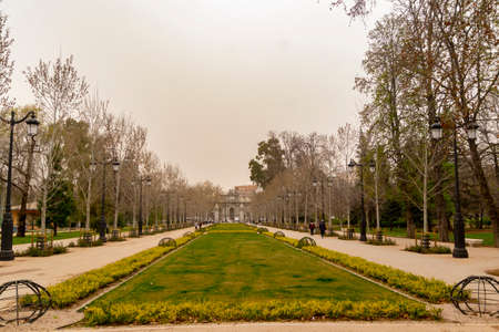 Dust haze of the Sahara desert in Madrid. The capital of Spain covered by the dust of the Sahara desert covering monuments and streets throughout the city, in Europe. Photography.の写真素材