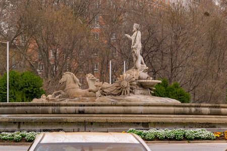 Dust haze of the Sahara desert in Madrid. The capital of Spain covered by the dust of the Sahara desert covering monuments and streets throughout the city, in Europe. Photography.の写真素材