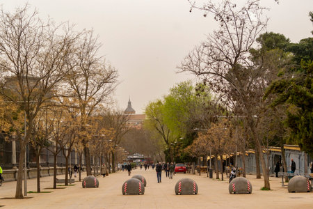 Dust haze of the Sahara desert in Madrid. The capital of Spain covered by the dust of the Sahara desert covering monuments and streets throughout the city, in Europe. Photography.の写真素材