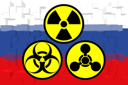 Russia. Chemical weapons. Russia flag with chemical weapons symbol. Illustration of the Russian flag. Landscape design. Abstract design. Illustration. Map.の写真素材