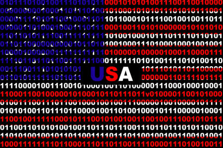 Hacker United States (USA). Digital USA flag and a binary background cybersecurity concept with 0 and 1. Computer hacker United States. Tricolor background from a binary code, cyber threat.の写真素材