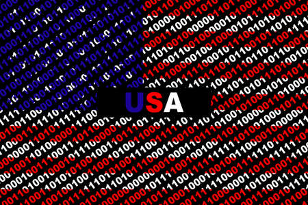 Hacker United States (USA). Digital USA flag and a binary background cybersecurity concept with 0 and 1. Computer hacker United States. Tricolor background from a binary code, cyber threat.の写真素材