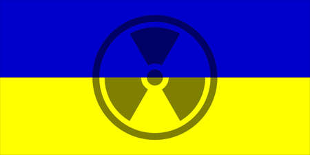Ukraine. Nuclear weapons. Ukrainian flag with chemical weapons symbol. Illustration of the Ukrainian flag. Landscape design. Abstract design. Illustration. Map.の写真素材