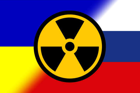 UkraineRussia. Nuclear weapons. Ukrainian flag and Russia flag with chemical weapons symbol. Illustration of the flag of Ukraine and Russia. Landscape design. Abstract design. Illustration. Map.の写真素材