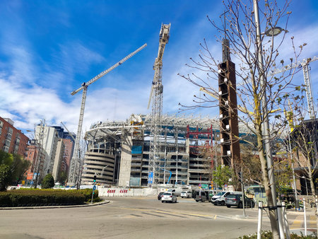 Santiago BernabÃ©u Stadium in its reform to have a new stadium, in Spain. Soccer field of Real...