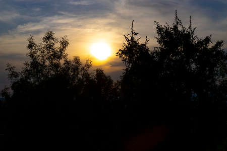 Sunset. Sunset with high clouds leaving the sky orange and blue. Backlight of the leaves and branches of the trees in a park in Madrid, in Spain. Europe. Horizontal photography.の写真素材