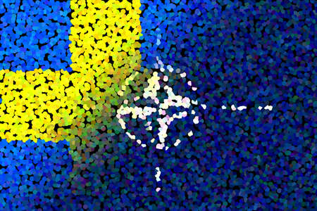 NATO-NATO. Swedish. NATO-flag. Swedish flag. Flag with the NATO logo. Concept of annexation of Sweden with NATO-NATO. Foreground. Horizontal layout. Horizontal illustration. 3D Illustration. Abstract.のeditorial素材