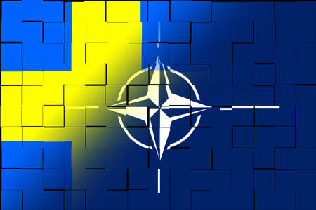 NATO-NATO. Swedish. NATO-flag. Swedish flag. Flag with the NATO logo. Concept of annexation of Sweden with NATO-NATO. Foreground. Horizontal layout. Horizontal illustration. 3D Illustration. Abstract.のeditorial素材