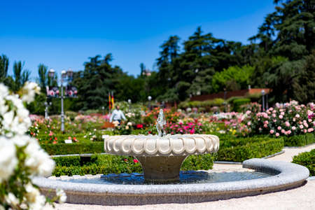 Fountain. Stone fountain filled with water with an explosion of spring with colorful flowers in the entire park of Madrid on a clear day and with a blue sky, in Spain. Europe. Photography.の写真素材