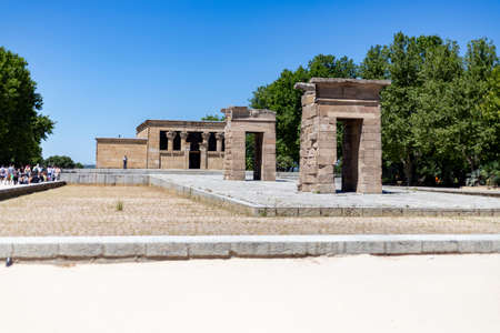 Temple of Debod. Surroundings of Temple of Debod in Madrid on a clear day with blue sky, in Spain. Green gardens with splendid flowering plants and shrubs in the spring. Europe. Photography.のeditorial素材
