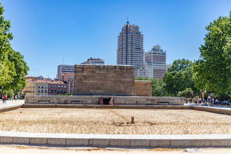 Temple of Debod. Surroundings of Temple of Debod in Madrid on a clear day with blue sky, in Spain. Green gardens with splendid flowering plants and shrubs in the spring. Europe. Photography.のeditorial素材