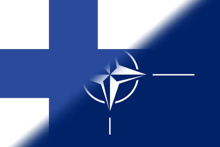 NATO-NATO. Finnish. NATO-flag. Finnish flag. Flag with the NATO logo. Concept of annexation of Finland with NATO-NATO. Foreground. Horizontal layout. Horizontal illustration.のeditorial素材