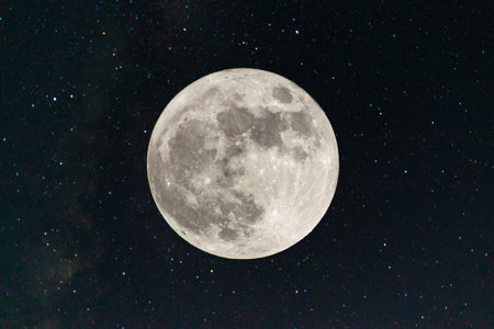 Fullmoon. stars. super full moon Full moon with the background full of stars in the galaxy. Horizontal photography. Harvest Moon. Photography. 9-10 September 2022の写真素材
