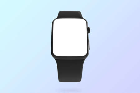 Clock. Realistic smart watch mockup with blank screen. Background with gradient color. Front view of the device. Space to write. Illustration. 3D illustration. Device for active fiの写真素材