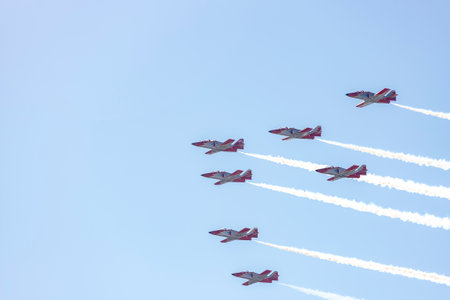 Hunt. Hunts. airplane. Military vehicle. Spanish Air Force on the day of the National Holiday of October 12 flying over the streets of the city of Madrid. MADRID, SPAIN - OCTOBER 1のeditorial素材