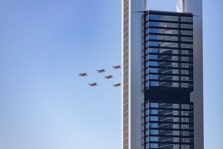 airplane. Hunt. Hunts. Military vehicle. Spanish Air Force on the day of the National Holiday of October 12 flying over the streets of the city of Madrid. MADRID, SPAIN -OCTOBER 12のeditorial素材