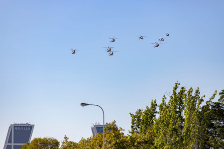 helicopter. airplane. Military vehicle. Spanish Air Force on the day of the National Holiday of...