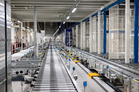 Factory. Factory in food chain. Production line. Autonomous robots moving the boxes from the...