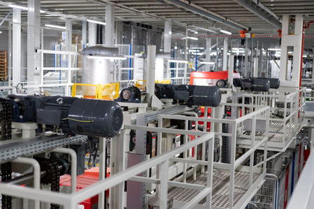 Factory. Factory in food chain. Production line. Autonomous robots moving the boxes from the...