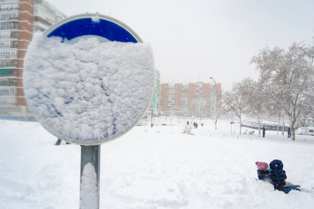 Snow. Winter. Streets covered in a white blanket of snow that covers all the elements that are on the street. Cold concept. Winter concept. Winter 2022. Photography.の写真素材