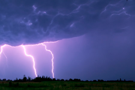 Ray. lightning. Electric storm. Strong electrical storm with a multitude of lightning and thunder. Lightning storm over fields of Spain. Photography of lightning.の写真素材