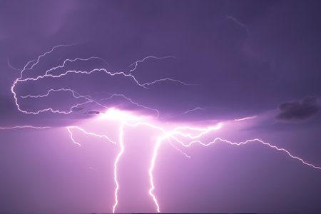 Ray. lightning. Electric storm. Strong electrical storm with a multitude of lightning and thunder. Lightning storm over fields of Spain. Photography of lightning.の写真素材