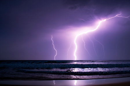 Ray. lightning. Electric storm. Strong electrical storm with a multitude of lightning and thunder. Lightning storm over fields of Spain. Photography of lightning.の写真素材