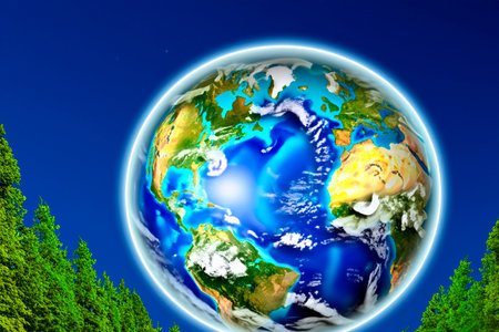 Environment. World environment day 2023. 3d concept background. Ecology concept. Design with globe map drawing and leaves isolated on white background. Green forest. Environment. B.の写真素材