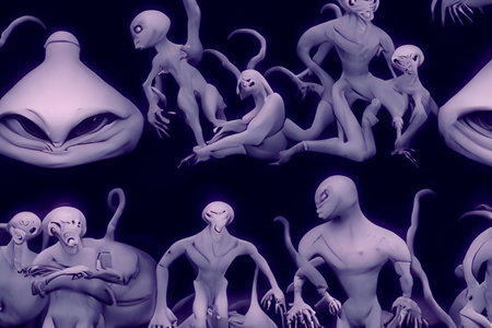 alien. Alien character and UFO visitor and extraterrestrial humanoid creature sighting concept as a symbol for the search for intelligent life as a 3D illustration.の素材
